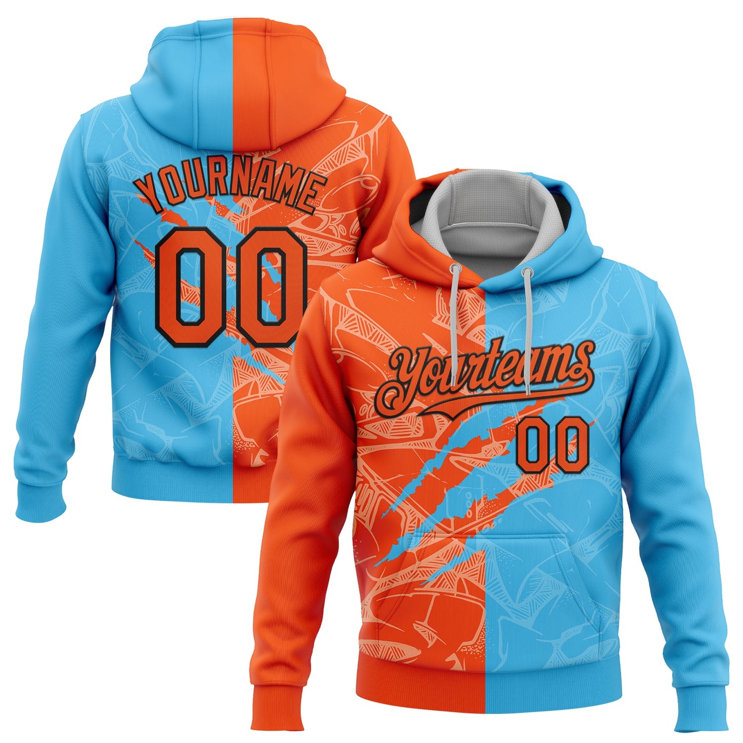 Custom Stitched Graffiti Pattern Orange Sky Blue-Black 3D Scratch Sports Pullover Sweatshirt Hoodie - Main View