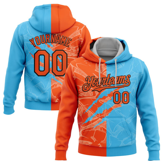 Custom Stitched Graffiti Pattern Orange Sky Blue-Black 3D Scratch Sports Pullover Sweatshirt Hoodie - Main View