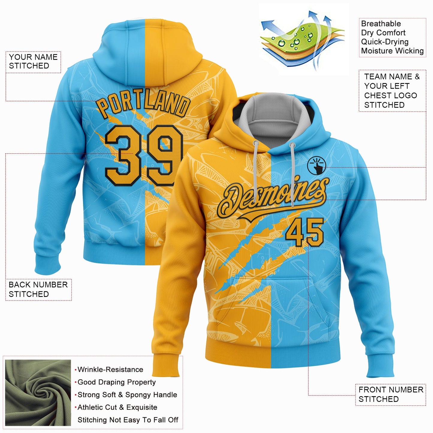 Custom Stitched Graffiti Pattern Gold Sky Blue-Black 3D Scratch Sports Pullover Sweatshirt Hoodie view 2