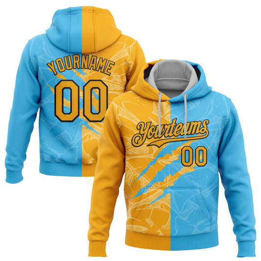Custom Stitched Graffiti Pattern Gold Sky Blue-Black 3D Scratch Sports Pullover Sweatshirt Hoodie - Main View