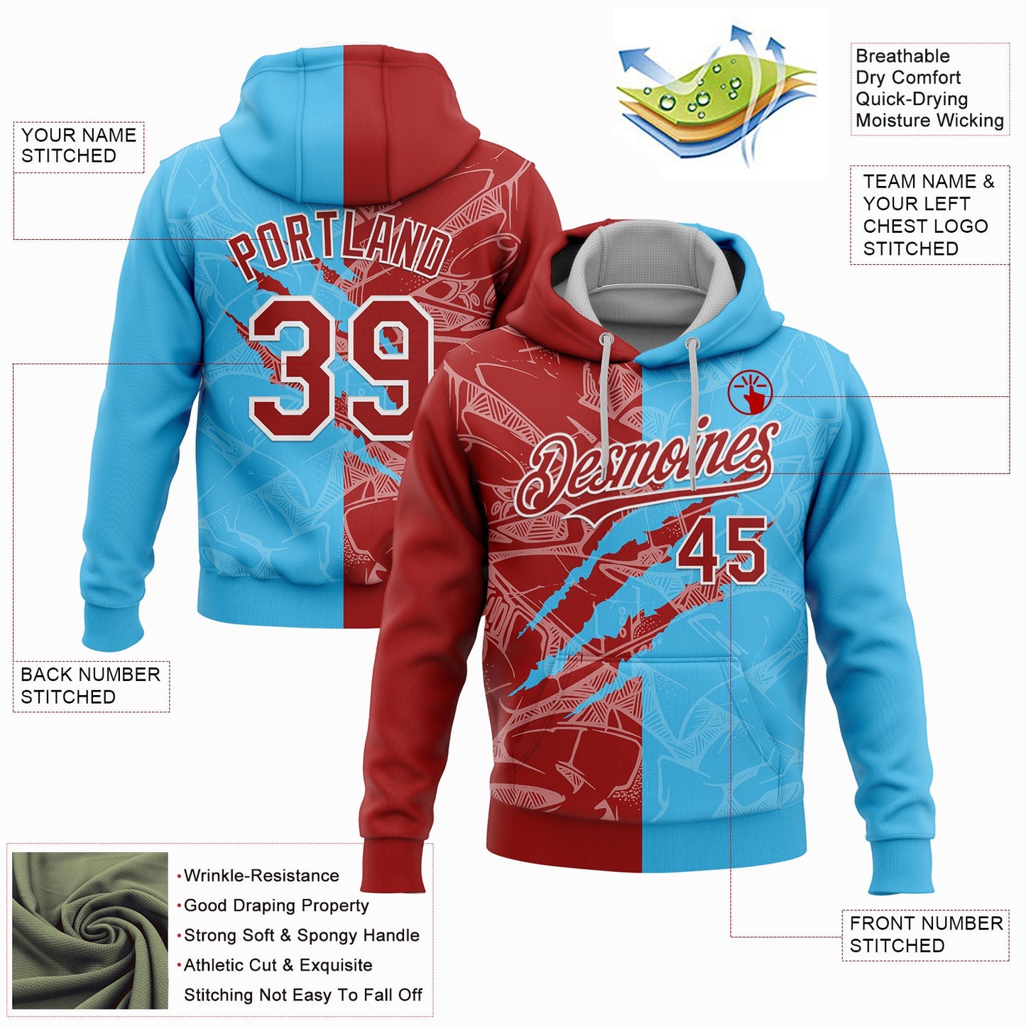 Custom Stitched Graffiti Pattern Red Sky Blue-White 3D Scratch Sports Pullover Sweatshirt Hoodie view 2