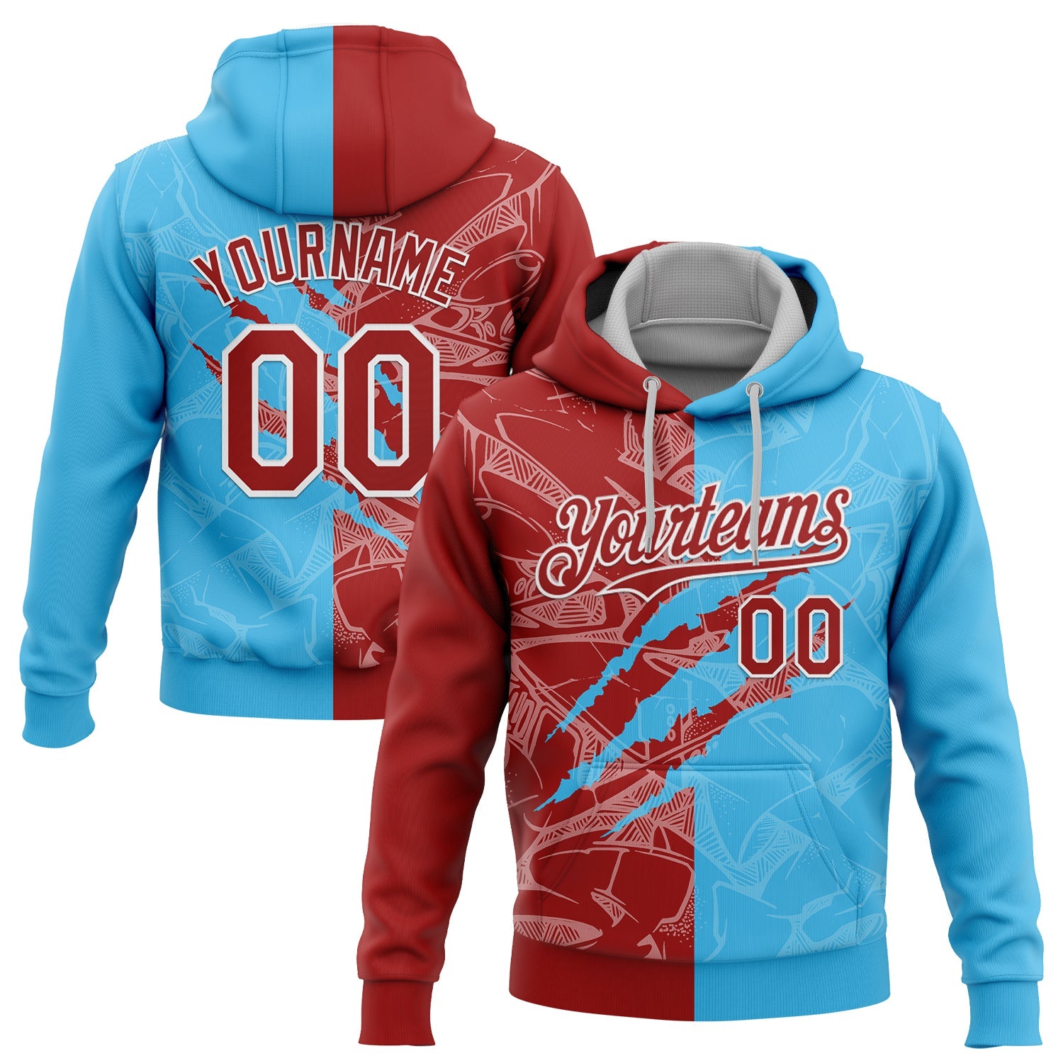 Custom Stitched Graffiti Pattern Red Sky Blue-White 3D Scratch Sports Pullover Sweatshirt Hoodie - Main View