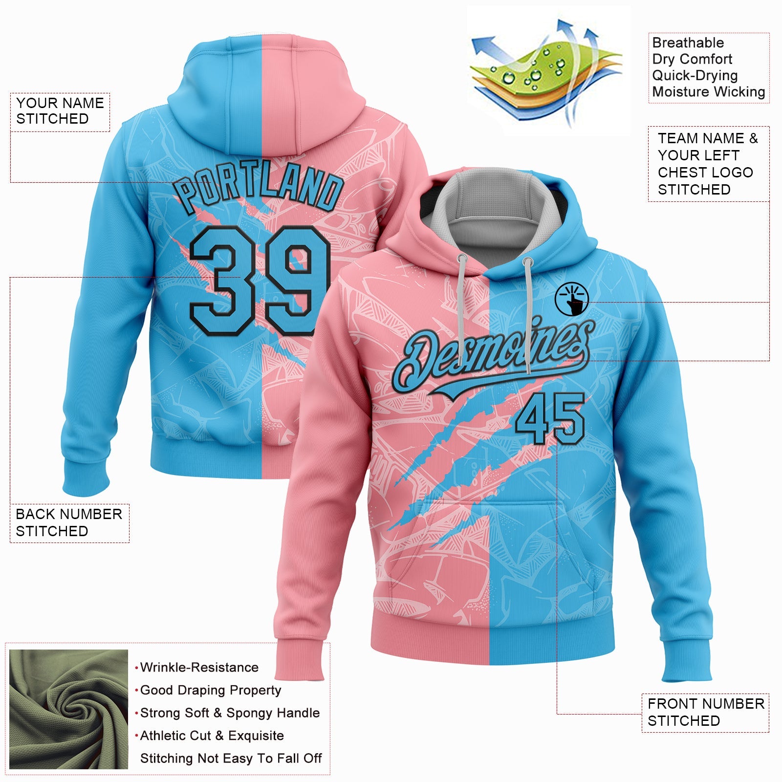 Custom Stitched Graffiti Pattern Sky Blue Medium Pink-Black 3D Scratch Sports Pullover Sweatshirt Hoodie view 2