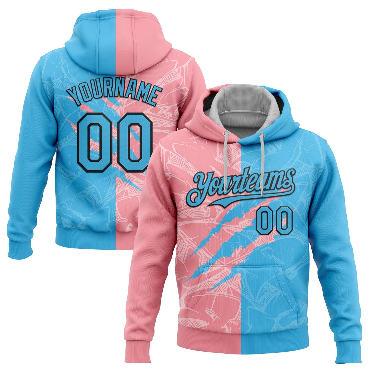 Custom Stitched Graffiti Pattern Sky Blue Medium Pink-Black 3D Scratch Sports Pullover Sweatshirt Hoodie - Main View