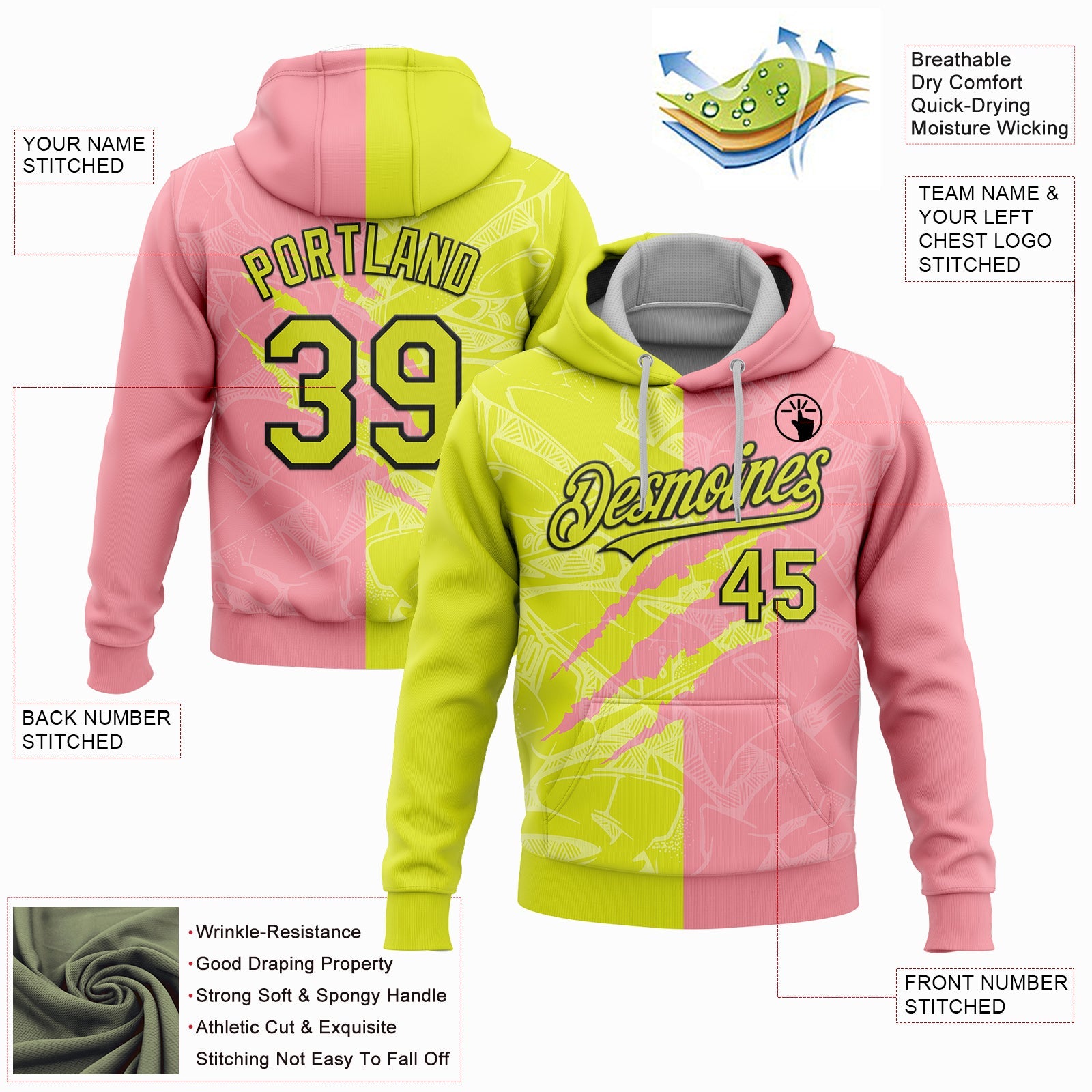 Custom Stitched Graffiti Pattern Neon Yellow Medium Pink-Black 3D Scratch Sports Pullover Sweatshirt Hoodie view 2