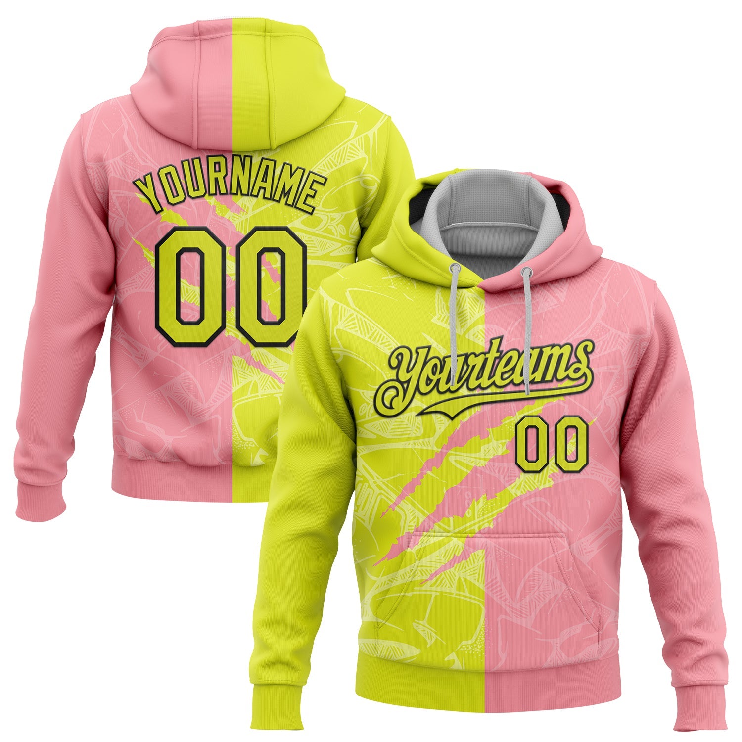 Custom Stitched Graffiti Pattern Neon Yellow Medium Pink-Black 3D Scratch Sports Pullover Sweatshirt Hoodie - Main View