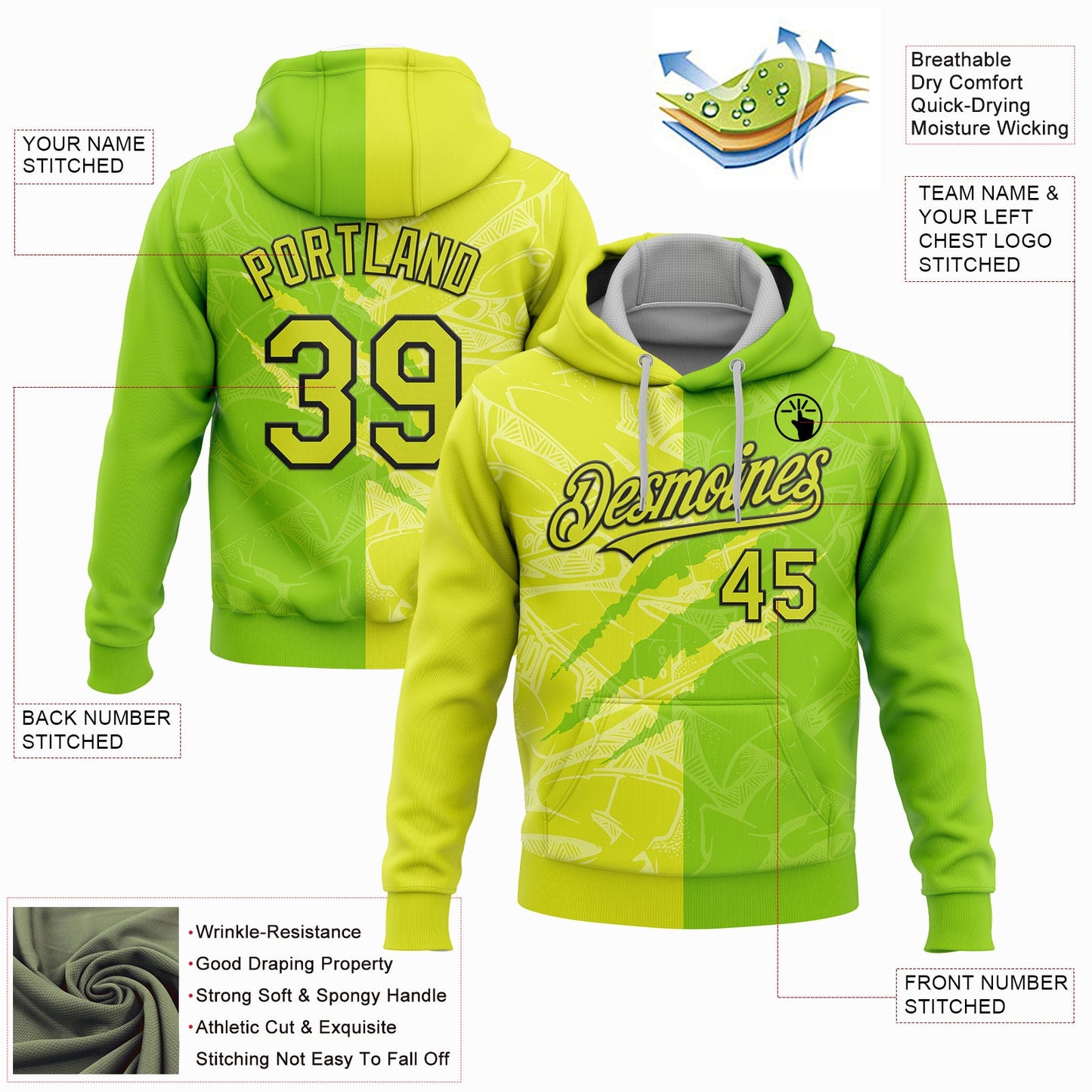 Custom Stitched Graffiti Pattern Neon Yellow Neon Green-Black 3D Scratch Sports Pullover Sweatshirt Hoodie view 2