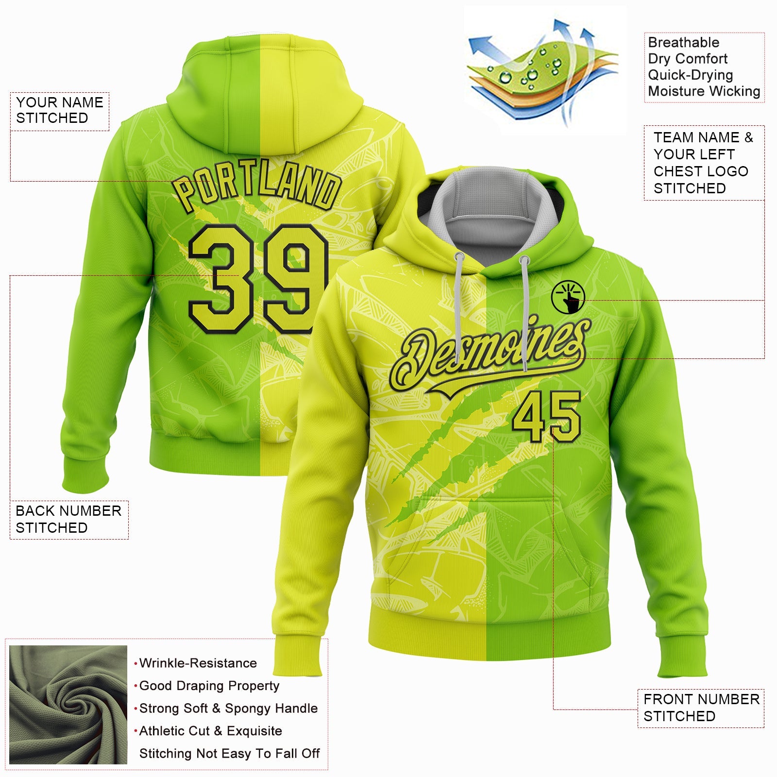 Custom Stitched Graffiti Pattern Neon Yellow Neon Green-Black 3D Scratch Sports Pullover Sweatshirt Hoodie view 2