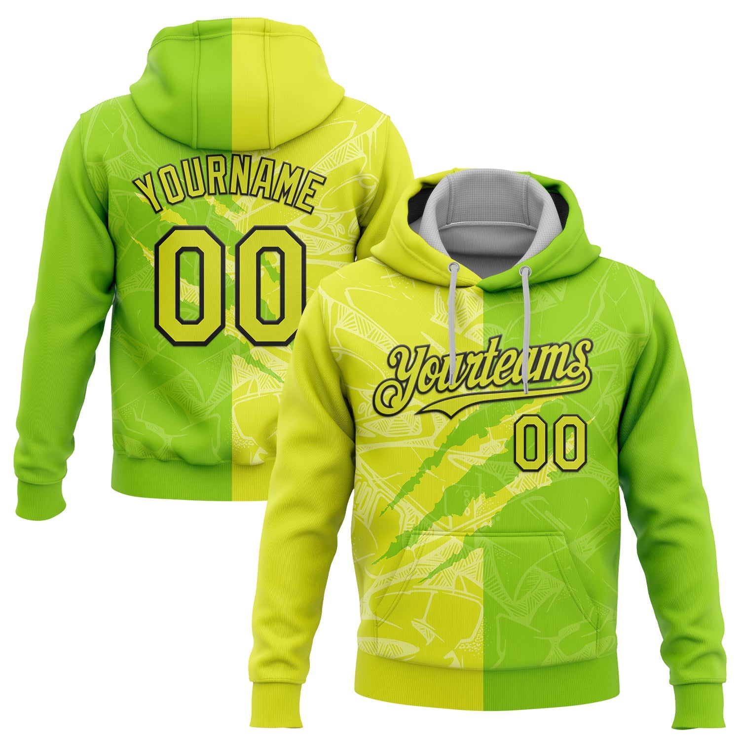 Custom Stitched Graffiti Pattern Neon Yellow Neon Green-Black 3D Scratch Sports Pullover Sweatshirt Hoodie - Main View