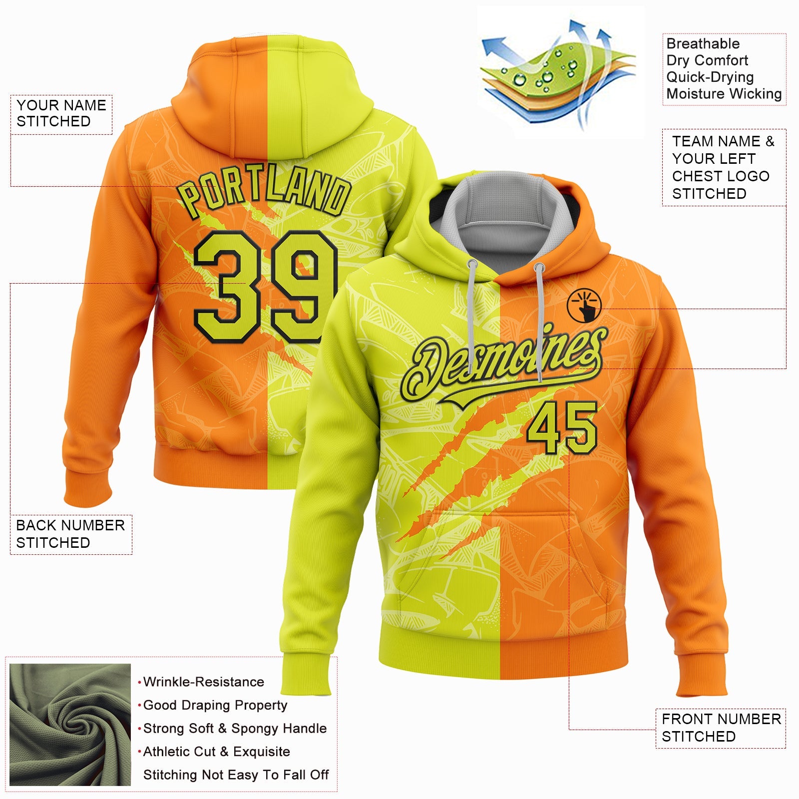 Custom Stitched Graffiti Pattern Neon Yellow Bay Orange-Black 3D Scratch Sports Pullover Sweatshirt Hoodie view 2