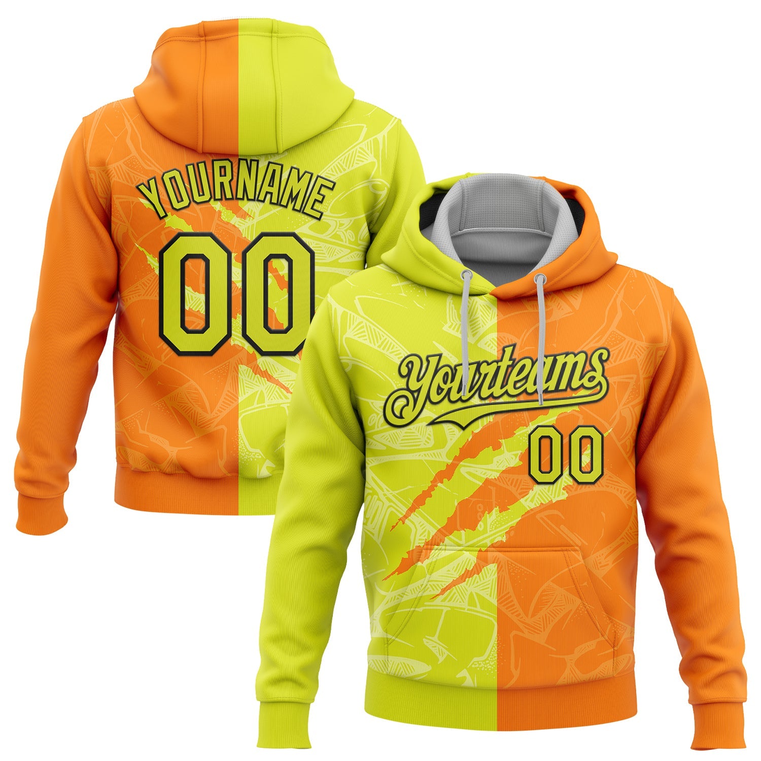 Custom Stitched Graffiti Pattern Neon Yellow Bay Orange-Black 3D Scratch Sports Pullover Sweatshirt Hoodie - Main View