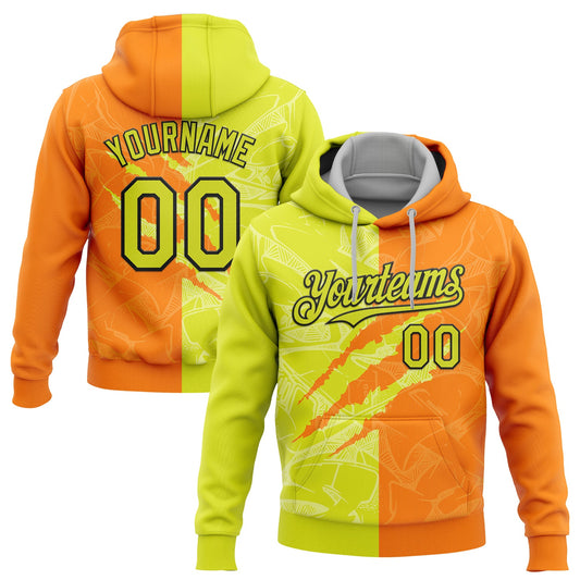 Custom Stitched Graffiti Pattern Neon Yellow Bay Orange-Black 3D Scratch Sports Pullover Sweatshirt Hoodie - Main View