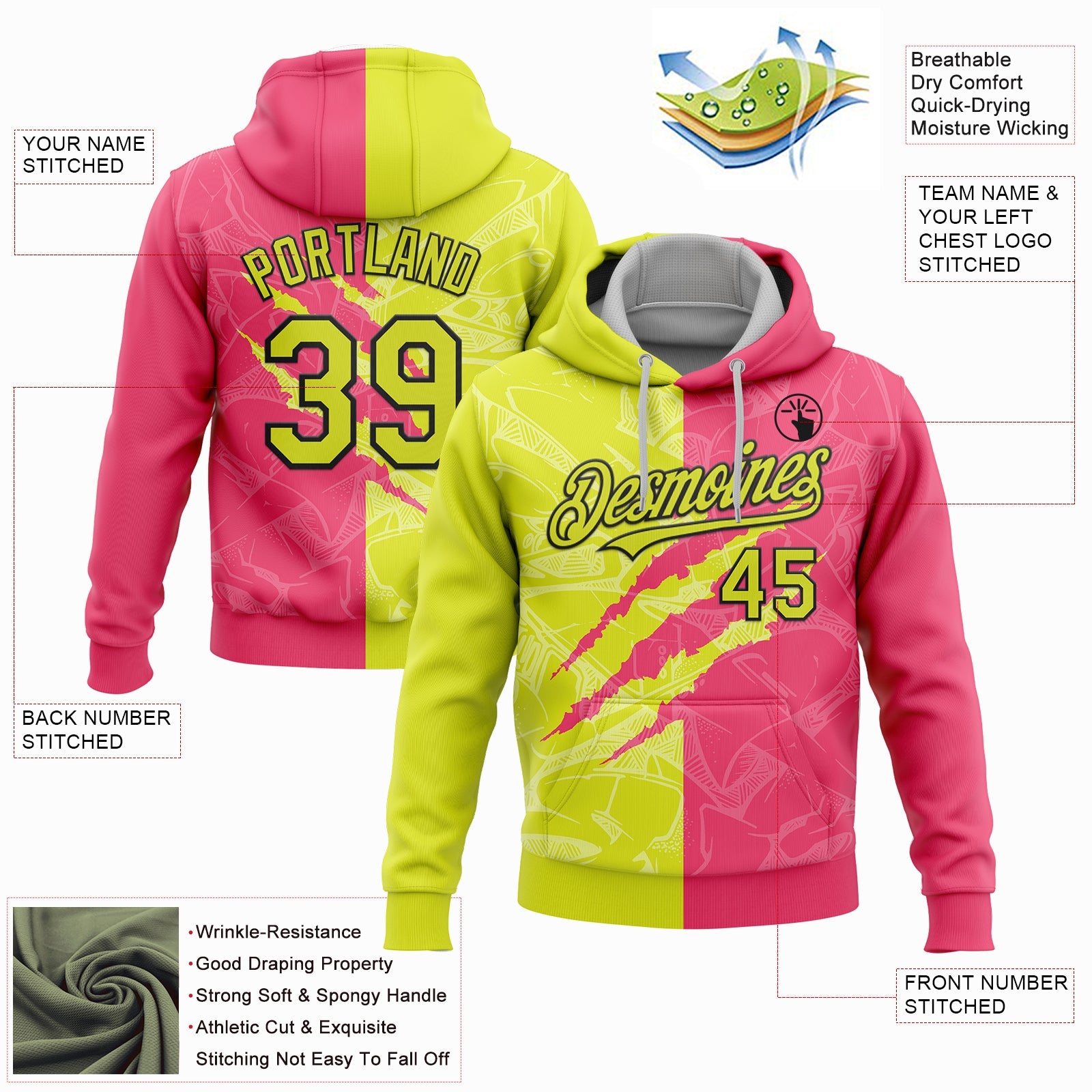 Custom Stitched Graffiti Pattern Neon Yellow Neon Pink-Black 3D Scratch Sports Pullover Sweatshirt Hoodie view 2