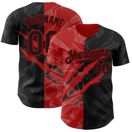 Custom Graffiti Pattern Black-Red 3D Scratch Authentic Baseball Jersey - Main View