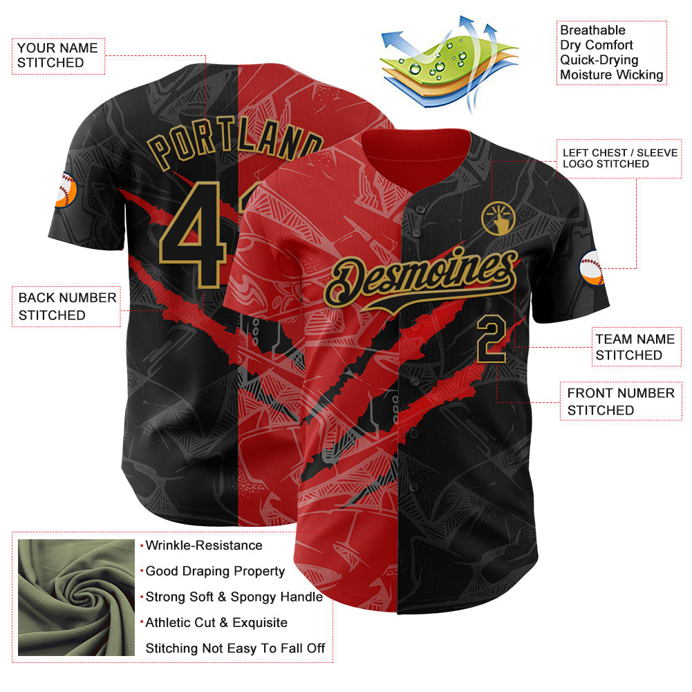 Custom Graffiti Pattern Black Red-Old Gold 3D Scratch Authentic Baseball Jersey view 3