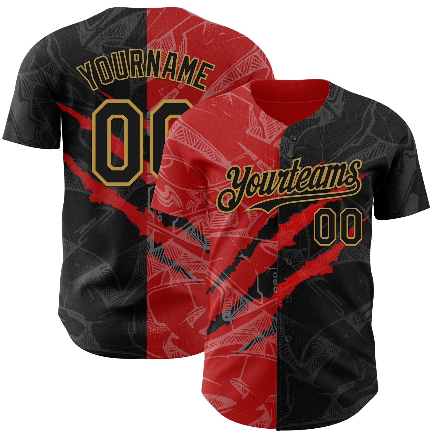 Custom Graffiti Pattern Black Red-Old Gold 3D Scratch Authentic Baseball Jersey - Main View