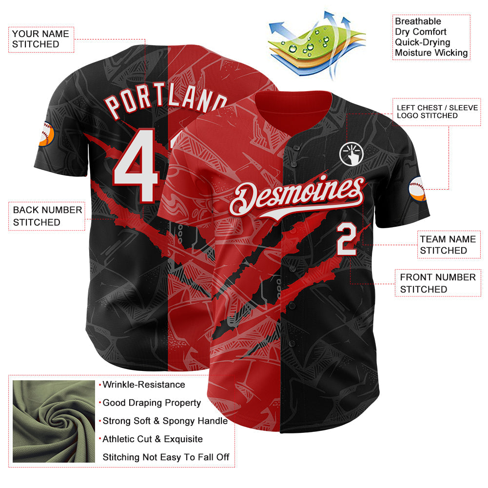 Custom Graffiti Pattern White Black-Red 3D Scratch Authentic Baseball Jersey view 3