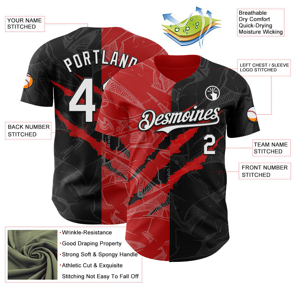 Custom Graffiti Pattern White Black-Red 3D Scratch Authentic Baseball Jersey view 3