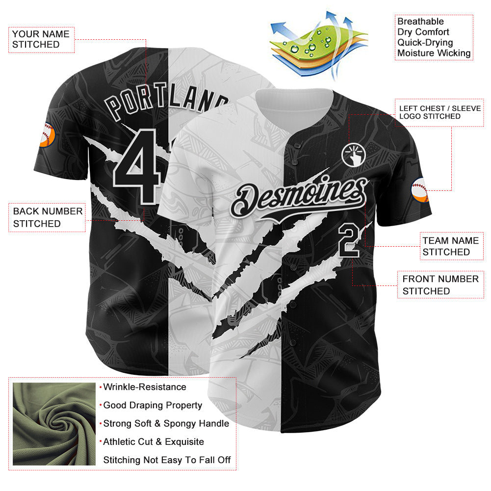 Custom Graffiti Pattern Black-White 3D Scratch Authentic Baseball Jersey view 3