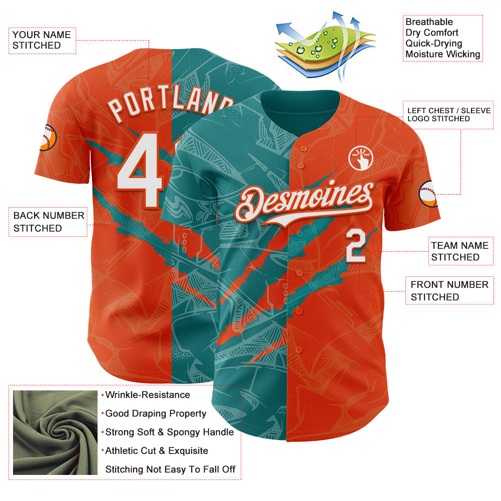 Custom Graffiti Pattern White Orange-Teal 3D Scratch Authentic Baseball Jersey view 3