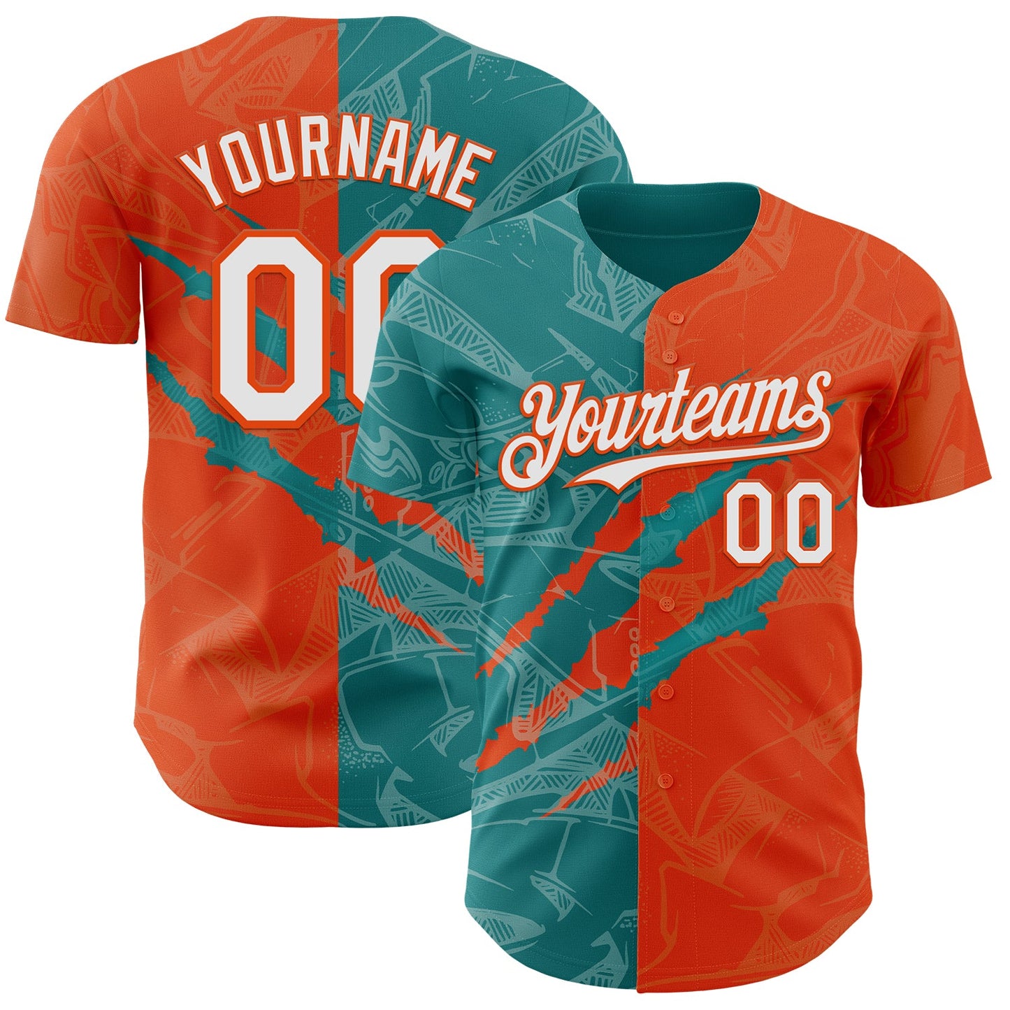 Custom Graffiti Pattern White Orange-Teal 3D Scratch Authentic Baseball Jersey - Main View