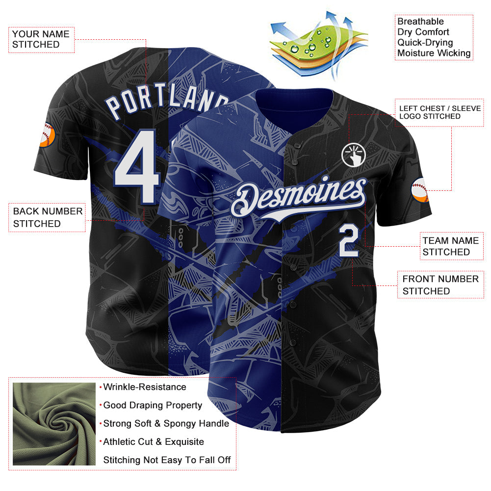 Custom Graffiti Pattern White Black-Royal 3D Scratch Authentic Baseball Jersey view 3