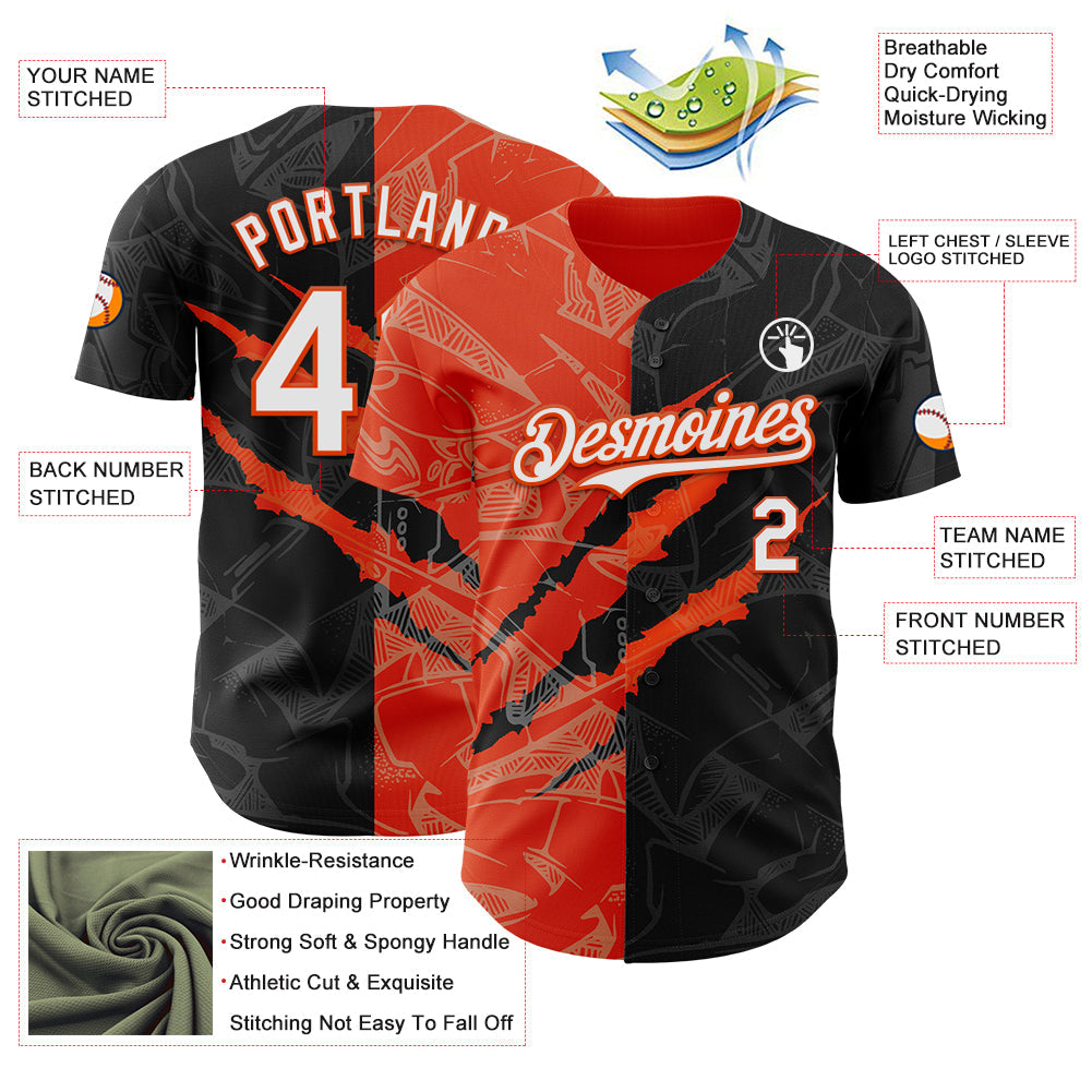 Custom Graffiti Pattern White Black-Orange 3D Scratch Authentic Baseball Jersey view 3