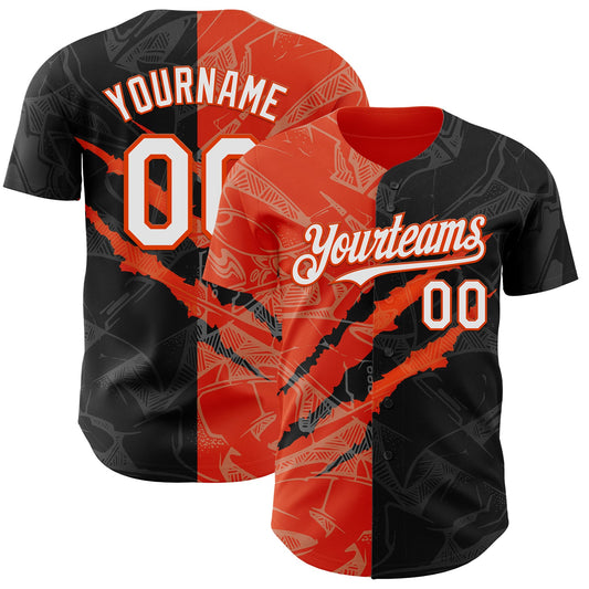 Custom Graffiti Pattern White Black-Orange 3D Scratch Authentic Baseball Jersey - Main View