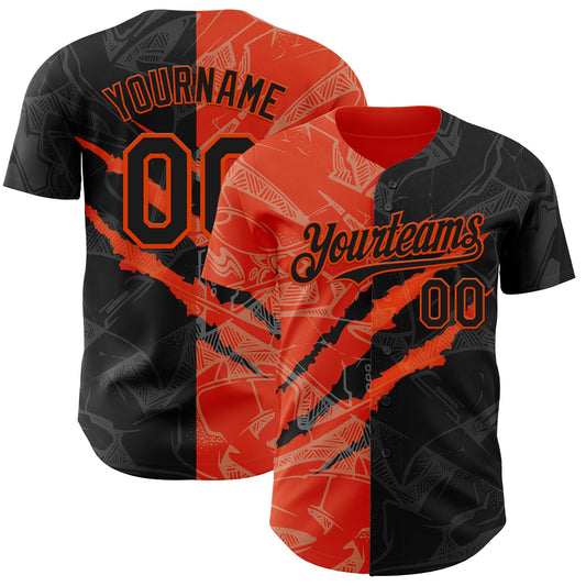 Custom Graffiti Pattern Black-Orange 3D Scratch Authentic Baseball Jersey - Main View