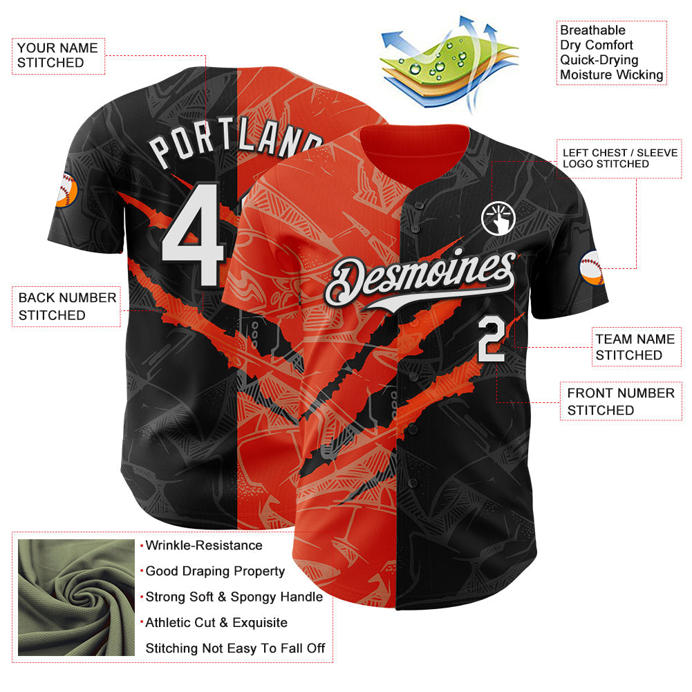 Custom Graffiti Pattern White Black-Orange 3D Scratch Authentic Baseball Jersey view 3