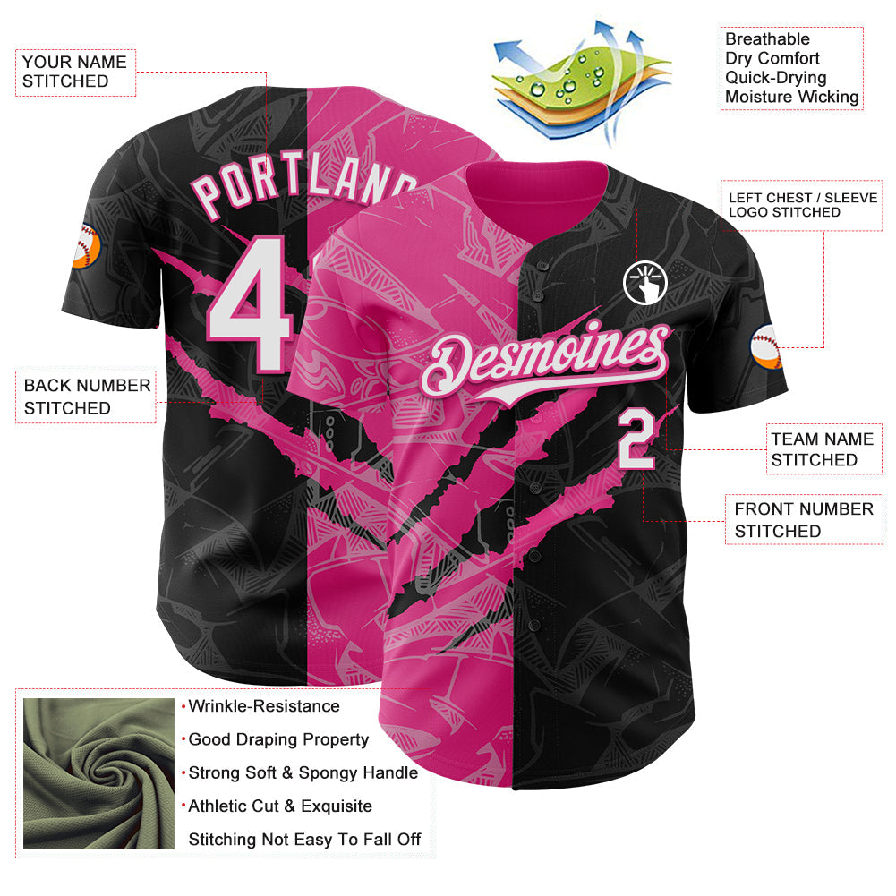 Custom Graffiti Pattern White Black-Pink 3D Scratch Authentic Baseball Jersey view 3