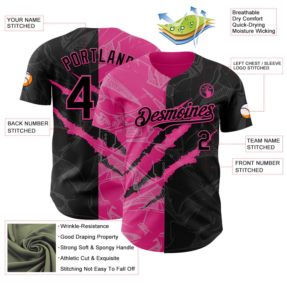Custom Graffiti Pattern Black-Pink 3D Scratch Authentic Baseball Jersey view 3