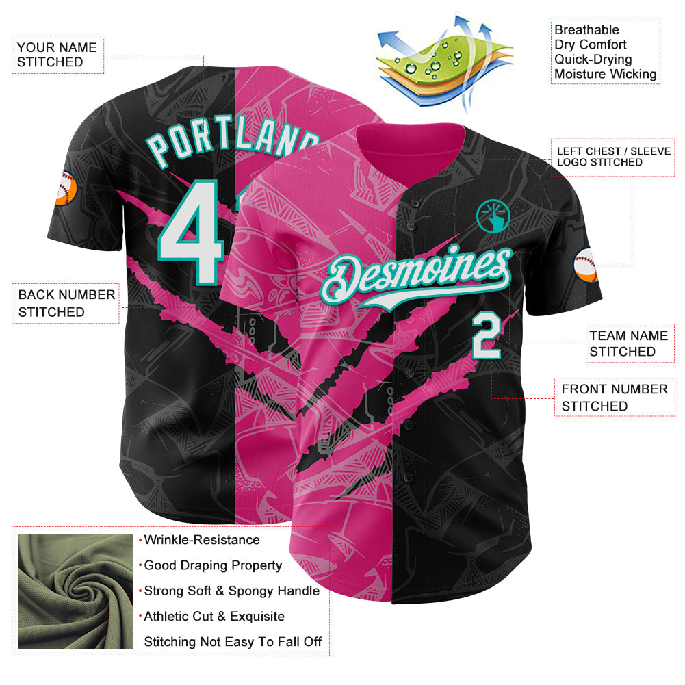 Custom Graffiti Pattern White Black Pink-Aqua 3D Scratch Authentic Baseball Jersey view 3