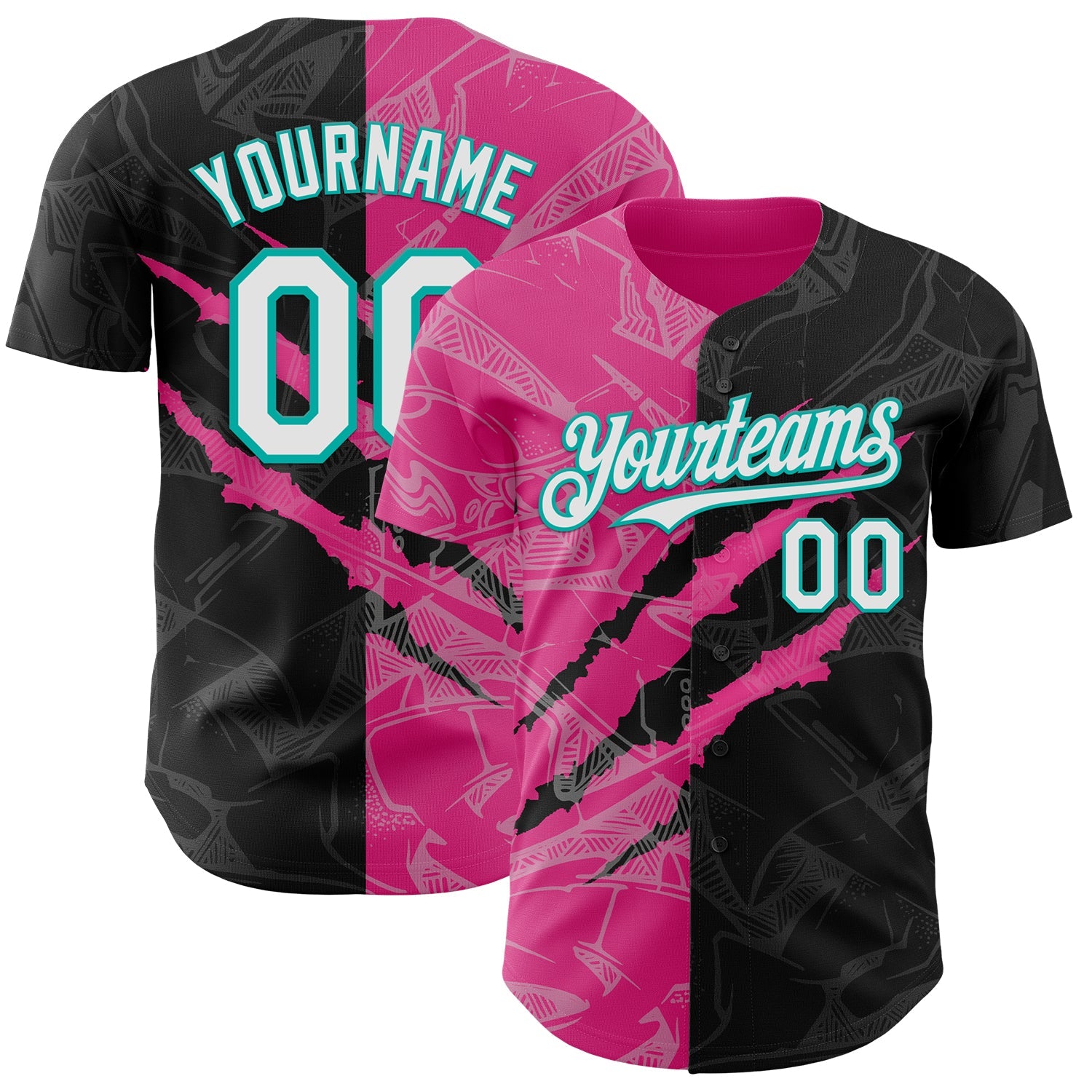 Custom Graffiti Pattern White Black Pink-Aqua 3D Scratch Authentic Baseball Jersey - Main View