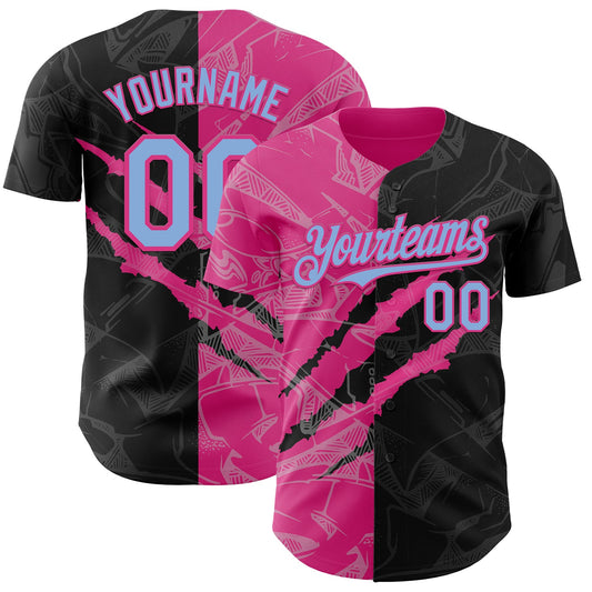 Custom Graffiti Pattern Light Blue Black-Pink 3D Scratch Authentic Baseball Jersey - Main View