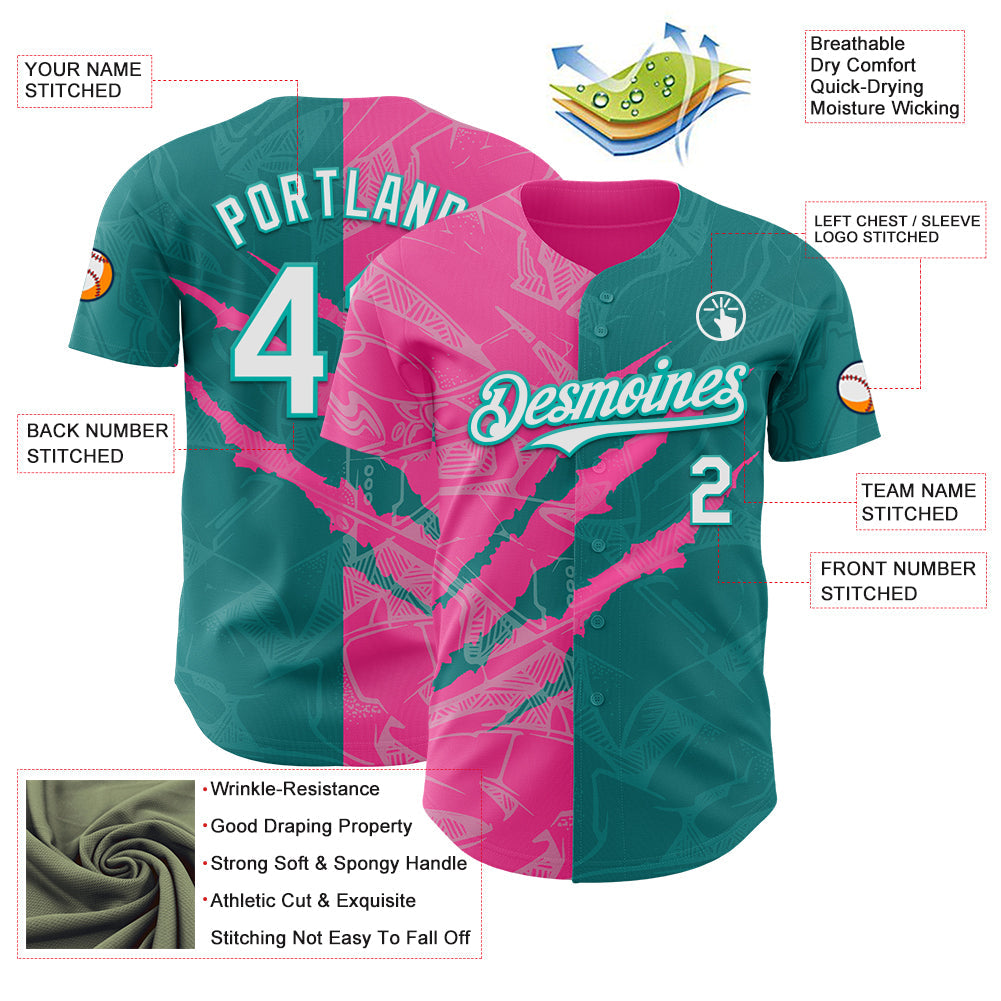 Custom Graffiti Pattern White Teal-Pink 3D Scratch Authentic Baseball Jersey view 3