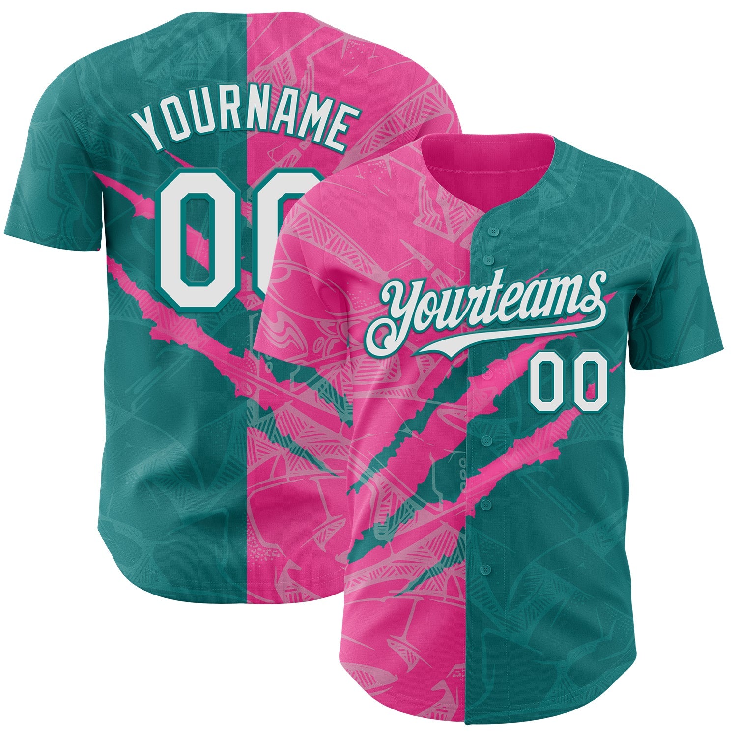 Custom Graffiti Pattern White Teal-Pink 3D Scratch Authentic Baseball Jersey - Main View