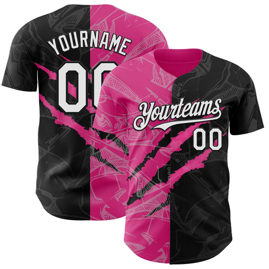 Custom Graffiti Pattern White Black-Pink 3D Scratch Authentic Baseball Jersey - Main View
