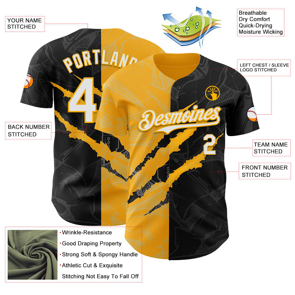Custom Graffiti Pattern White Black-Gold 3D Scratch Authentic Baseball Jersey view 3