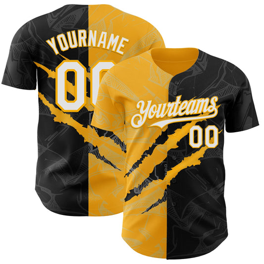 Custom Graffiti Pattern White Black-Gold 3D Scratch Authentic Baseball Jersey - Main View