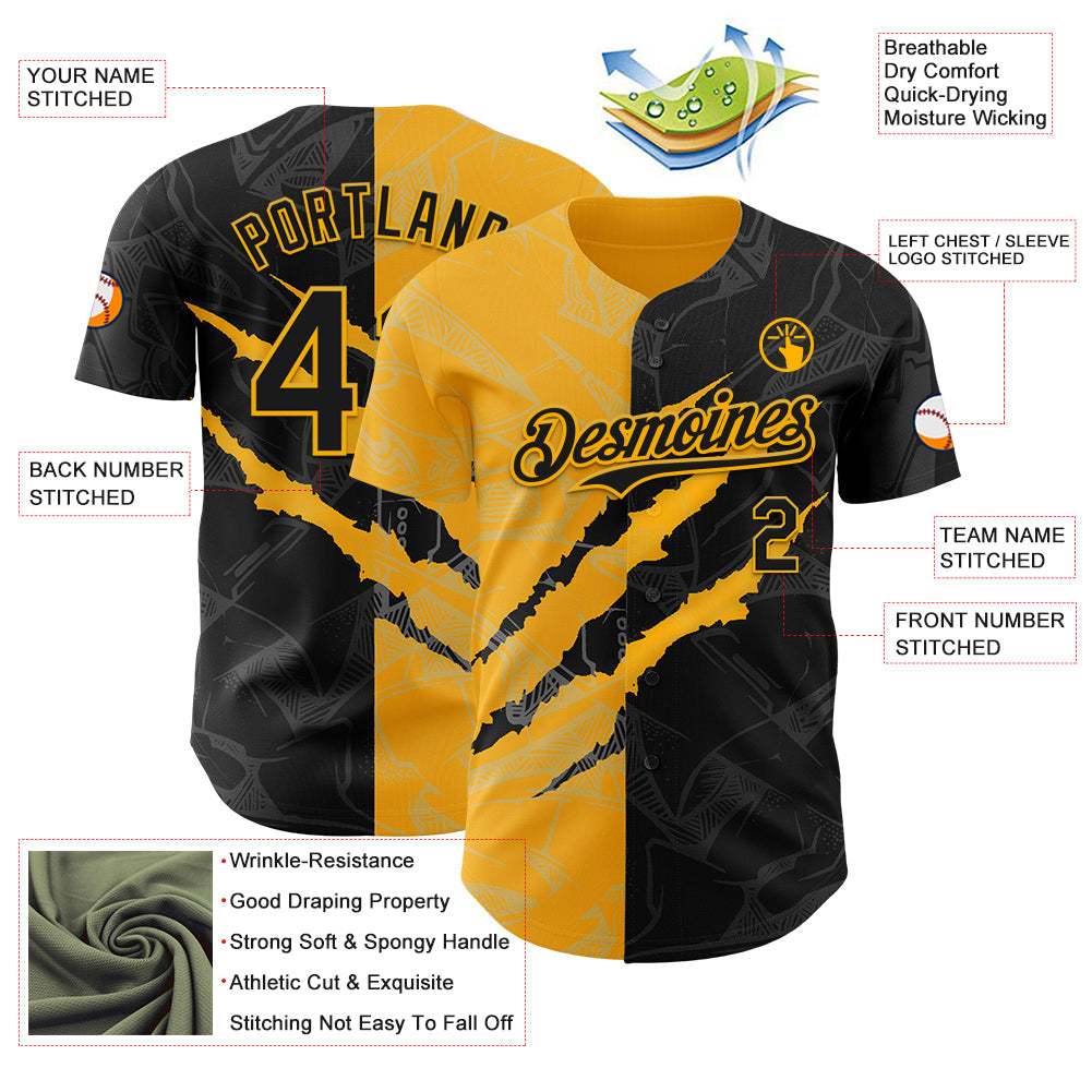 Custom Graffiti Pattern Black-Gold 3D Scratch Authentic Baseball Jersey view 3