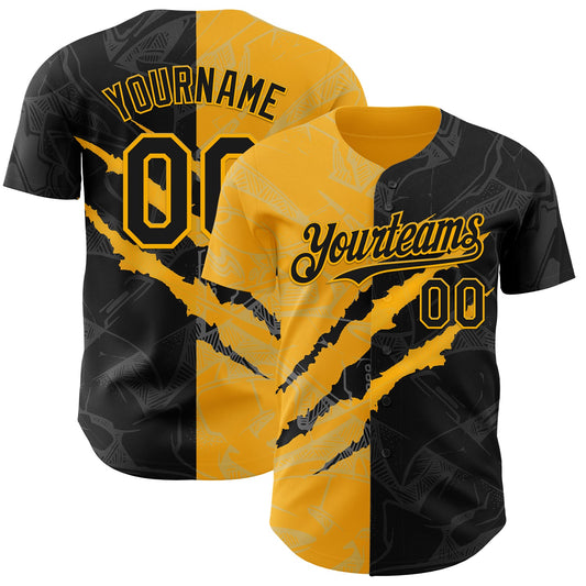 Custom Graffiti Pattern Black-Gold 3D Scratch Authentic Baseball Jersey - Main View