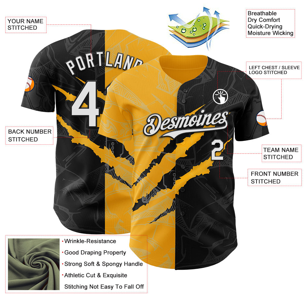 Custom Graffiti Pattern White Black-Gold 3D Scratch Authentic Baseball Jersey view 3