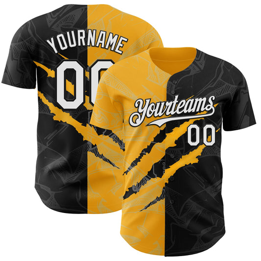Custom Graffiti Pattern White Black-Gold 3D Scratch Authentic Baseball Jersey - Main View