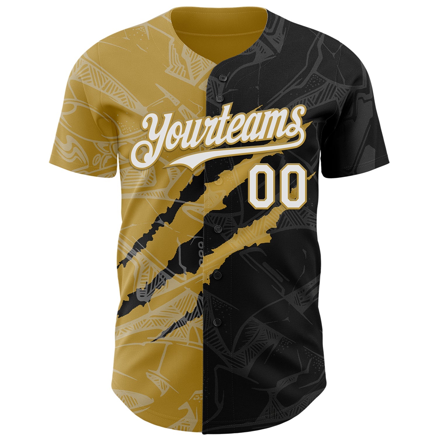Custom Graffiti Pattern White Black-Old Gold 3D Scratch Authentic Baseball Jersey view 2