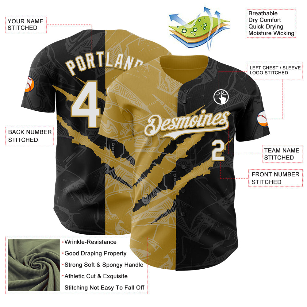 Custom Graffiti Pattern White Black-Old Gold 3D Scratch Authentic Baseball Jersey view 3