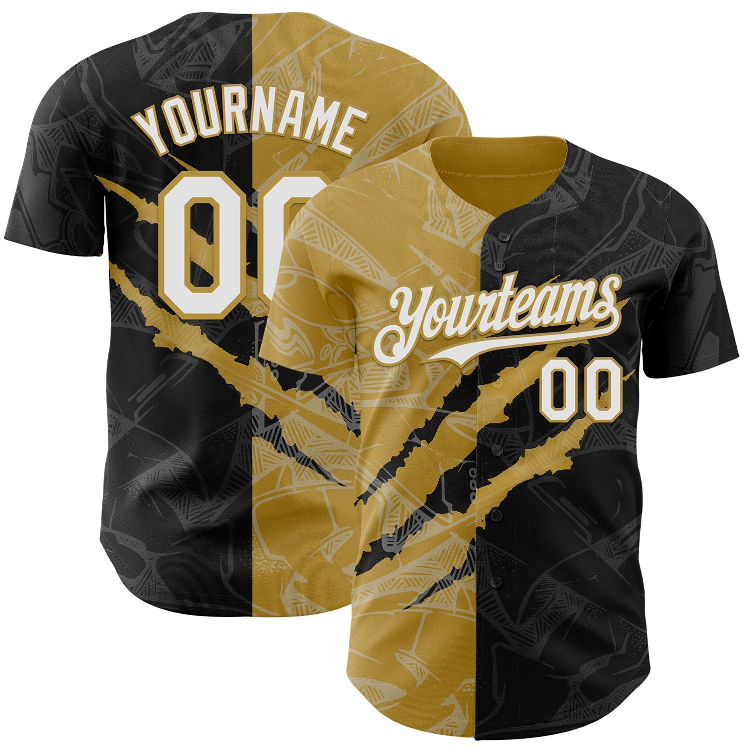 Custom Graffiti Pattern White Black-Old Gold 3D Scratch Authentic Baseball Jersey - Main View
