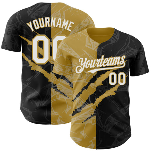 Custom Graffiti Pattern White Black-Old Gold 3D Scratch Authentic Baseball Jersey - Main View