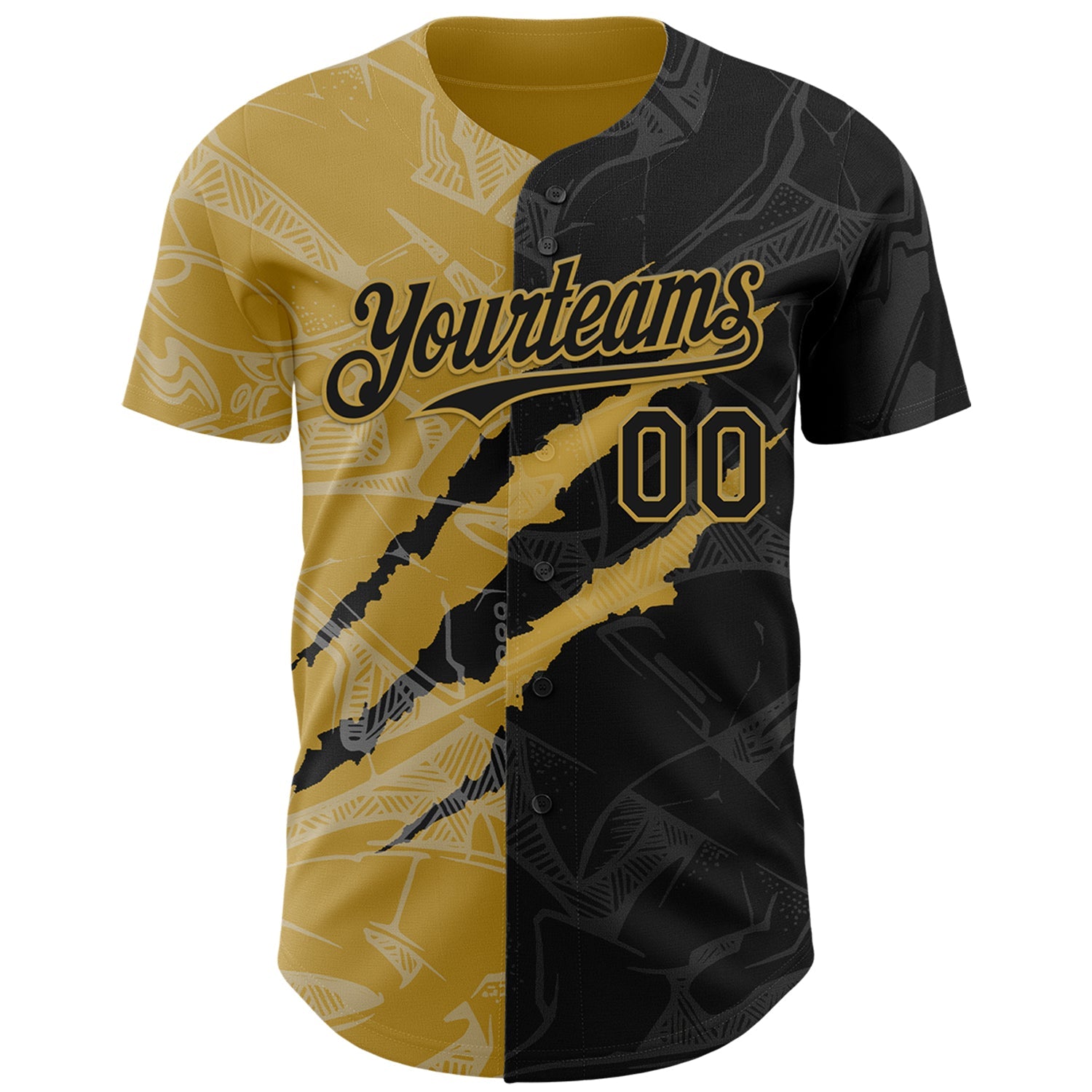 Custom Graffiti Pattern Black-Old Gold 3D Scratch Authentic Baseball Jersey view 2