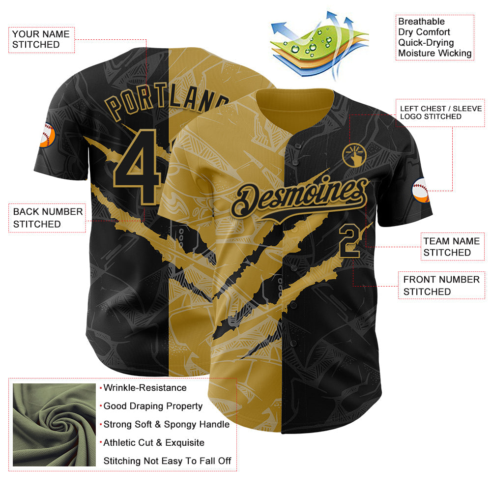 Custom Graffiti Pattern Black-Old Gold 3D Scratch Authentic Baseball Jersey view 3